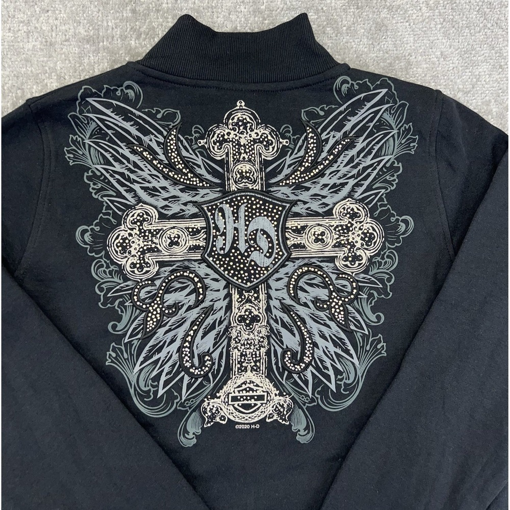 Harley Davidson Zip Up Sweatshirt Womens Large Rhinestone Cross Sequin Black NWT